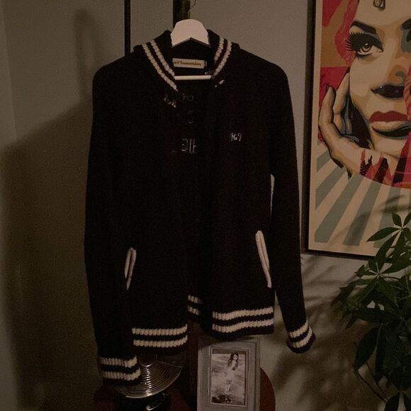 Stoned Immaculate Cardigan Size Large Varsity Sweater Black White Knit NWT Women - Picture 5 of 6